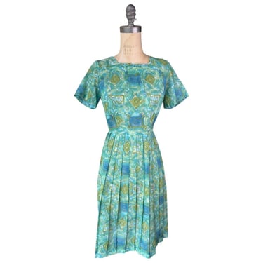 1950s blue and green print sundress 
