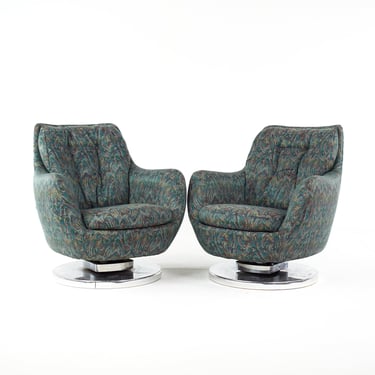 Milo Baughman Style Mid Century Chrome Base Swivel Tilt Chairs - Pair - mcm 