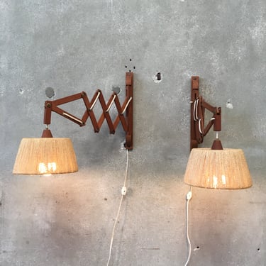 Pair of Danish Modern Teak Scissor Lamps with Jute Shades