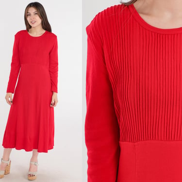 Plain Red Dress 80s Midi Bright Day Dress Pleated High Waisted Secretary 1980s Vintage Long Sleeve Plain Basic Casual Medium 