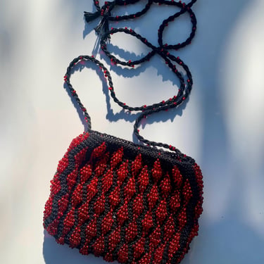 1920's 30's Beaded Bag - Vivid Red Glass Seed Beads - Crochet with Fine Cotton Twine - Long Woven Strap 