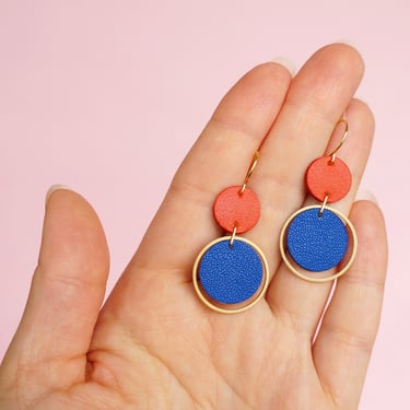 Blue + Red Orbit Leather Earrings - Colourful Retro Statement Earrings 