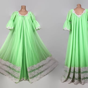 VINTAGE 60s Uranium Green Chiffon & Antique Lace Peignoir Set By Intime | Full Sweep Double Nylon Nightgown and Robe | Wedding Lingerie vfg 