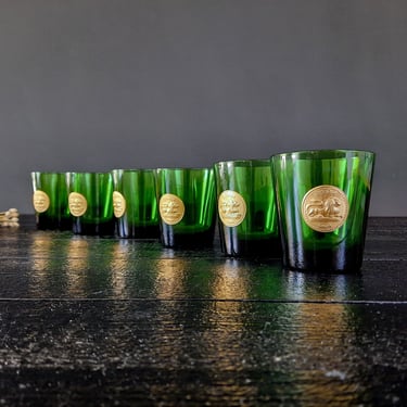 Set of 6 Green Tumblers Glasses Dubonnet BYRRH Medallion Lion Thuir Tumblers 