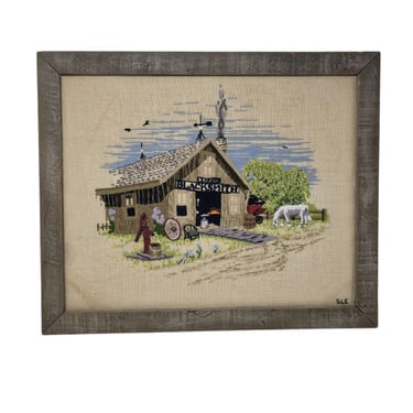 Vtg Framed Crewel Embroidered Blacksmith Shop Horse Folk Art Primitive 18" X 22" 