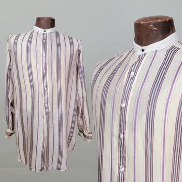 1920s Men's Shirt / Silk Striped Shirt / 1920's Men's Dress Shirt / 1920's Collarless Shirt / French Cuff Shirt / Add a collar /  Size 46 