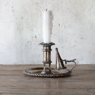 Antique Silver Plated Chamberstick, Ornate Candle Holder with Snuffer 