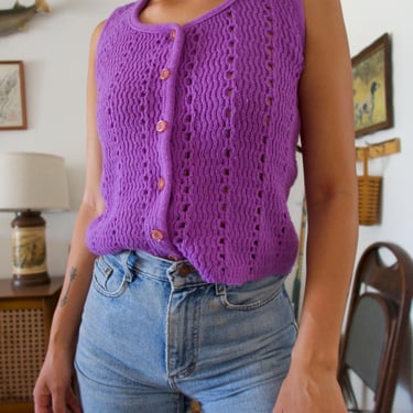 Vintage 60's 70's Penneys Carol Evans Purple Knitted Button-up Vest 