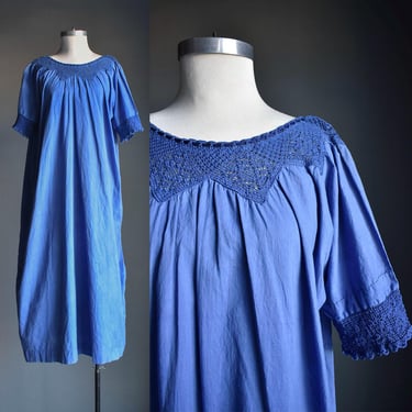 Antique Hand Indigo Dyed Nightgown / Antique Cotton Lace Nightgown / Antique Cotton Nightgown Large / Indigo Blue Scalloped Lace Nightgown 