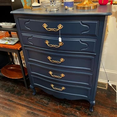 Blue painted 5 drawer chest by Drexel. 38” x 20” x 48” 