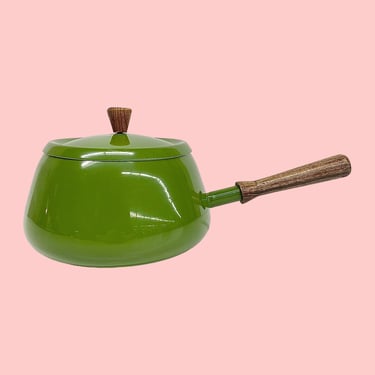 Vintage Fondue Pot Retro 1960s Mid Century Modern + Avocado Green + Metal Frame + Wood Handle + With Lid + Cookware + MCM Kitchen + Japan 