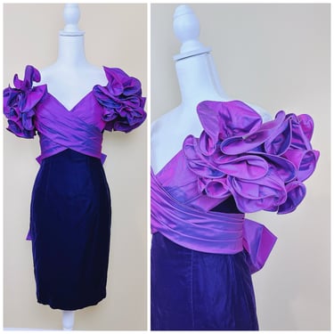 1980s A.J. Bari Purple Ruffled Ruche Wiggle Dress / 80s Satin / Taffeta Rosette Off Should Prom / Party Dress / XS - Small 