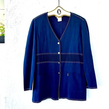 Vintage Escada Knit Cardigan Blue White Sweater Shirt Jacket Top 