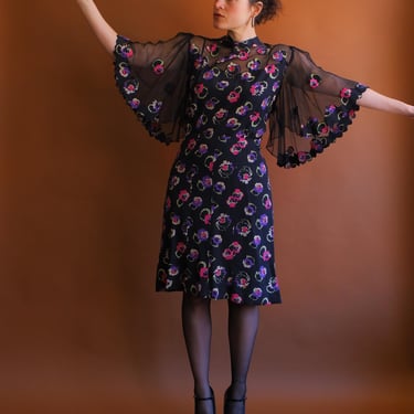 Vintage 30s FOGA Floral Applique Flutter Sleeve Dress with Sheer Yoke/ Fashion Originators Guild Label/  Size Large 