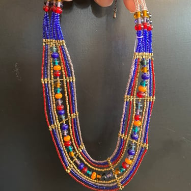 1990s beaded necklace, vintage choker, rainbow beads, tribal style jewelry, boho 