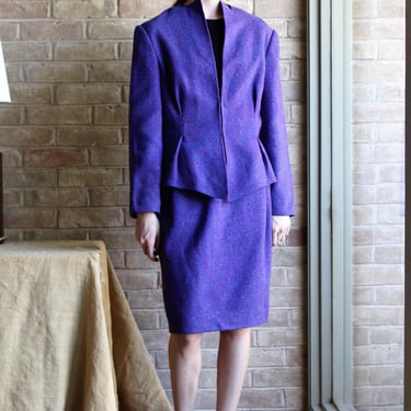 Geoffrey Beene, Vintage 1970s Peplum Suit, Purple Skirt Set, Wool Tweed, S/M Women 