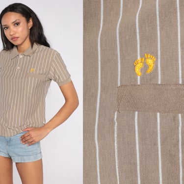 Hang Ten Polo 80s Taupe Shirt White Striped Collared T Shirt Button Up Retro Tee Polo Shirt Short Sleeve Vintage 1980s Small Medium 