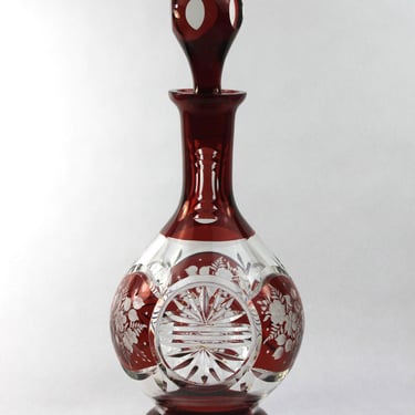 Czech Bohemia Crystal Wine Decanter Ruby Red Cut to Clear Flower and Fan 