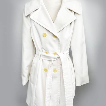 60s/70's White Polyester Trench Overcoat Vintage Disco Hippie era 1970's Double Breasted Belted MEDIUM Raincoat Big Wide Lapels MOD 1960's 