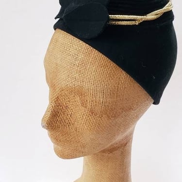 1930s Black Wool Toque Gold Braiding / 30s Art Deco Soft Evening Cocktail Dressy Hat / Erta 