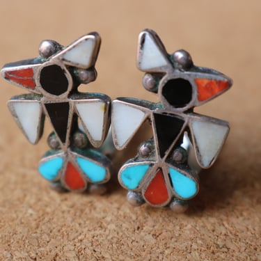 Hopi Bird Earrings , Vintage Sterling Multi Stone Clip On Earrings , Thunderbird Jewelry 