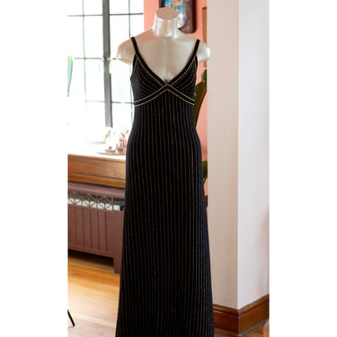 Vintage Pinstripe Gown - 1970s - Black and Metallic Gold - Maxi Dress 