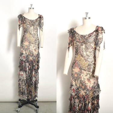 Vintage 2000s Dress / Y2K Diane Freis Floral Silk Beaded Gown / Black White Red ( XS S M ) 