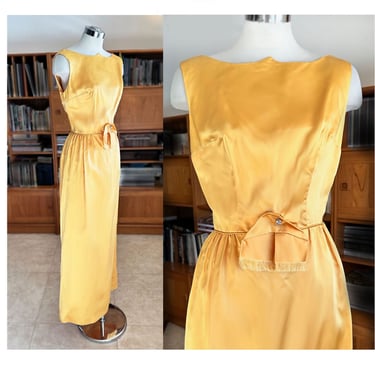 Vintage 1960's Long Gold Yellow Satin Party Evening Cocktail Dress Gown, size MEDIUM, 1950's Formal Wedding Mid Century 