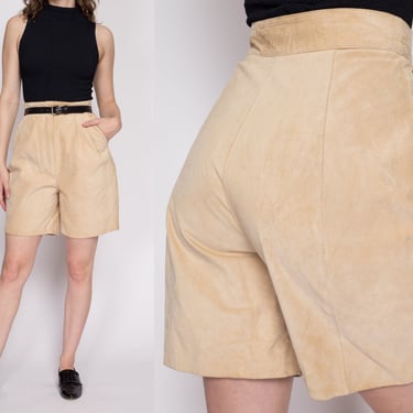 Sm-Med 80s Tan Suede Leather Shorts 27" | Vintage High Waisted Pleated Shorts 