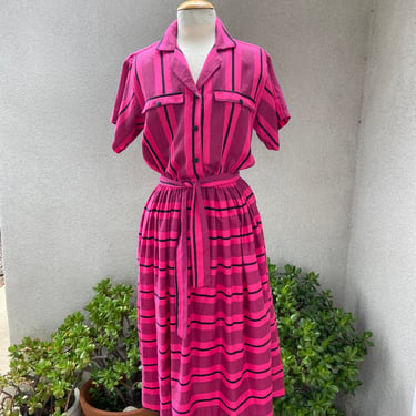 Vintage 80s cotton day dress fuchsia pink black stripes sz M/L by Ann Marie California 