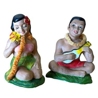 Pair of Hand Painted Ceramic Hula Girl & Ukele Boy Souvenir Figurines 