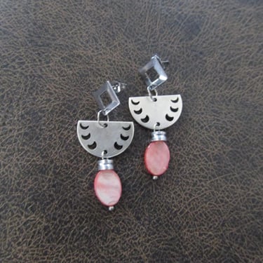 Antique silver and peach mother of pearl shell earrings 