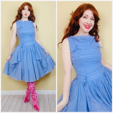 1950s Blue Periwinkle Nylon Party Dress / 50s Ruched Bow Cupcake Dress / Size Medium 