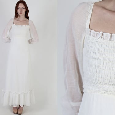 70s White Traditional Bridal Dress / Elastic Smocked Bodice / Plain Sheer Billowy Sleeves / Womens Cottagecore Wedding Maxi Dress 