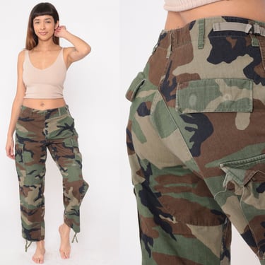 Camo Army Pants 90s Cargo Pants Military Combat Olive Green Camouflage Drawstring Ankle Vintage 1990s Small 32 