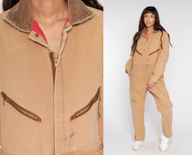 Tan Coverall Jumpsuit 80s Workwear Pants Distressed Walls Blizzard Pruf Insulated Long Pants Work Wear Vintage Hipster 1980s Mens Medium M 