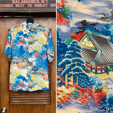Vintage 1950’s Original “Kilohana” Asian Japan Design Crepe Hawaiian Shirt, Matching Pocket, 50’s Vintage Clothing 
