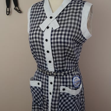 Vintage 1940's Navy Gingham Dress / 40s Button Up Day Dress M 