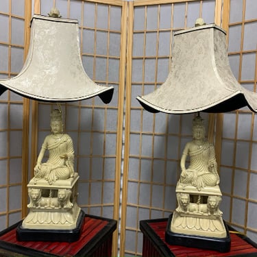 Vintage Resin Quan Yin Table Lamp with Pattern Shade - Pair