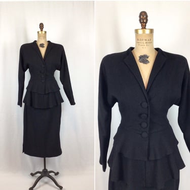 Vintage 40s suit | Vintage black wool crepe two piece suit | 1940s Lilli Ann skirt suit 
