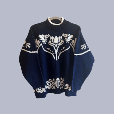navy and white boxy floral sweater