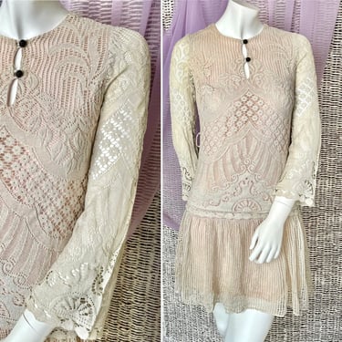 Mod Mini Dress, Lace, Mesh, Cut Out Lace, Bell Sleeves, Vintage 60s 70s, Fits XS 