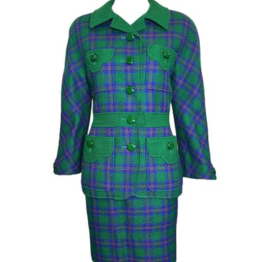 Valentino Boutique 80s Green, Purple and Fuschia Plaid Skirt Suit Ensemble