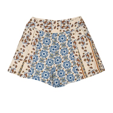 Carolina K - Cream, Blue, Yellow, & Rust Floral Print Pleated Shorts Sz M