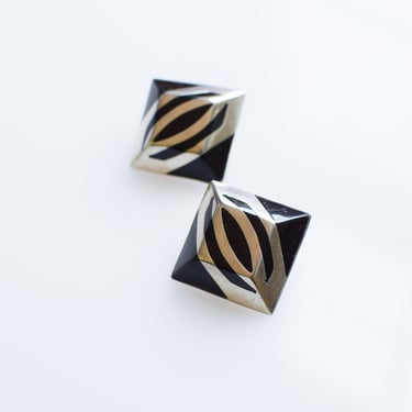 Large Sterling Silver and Onyx Modernist Earrings 