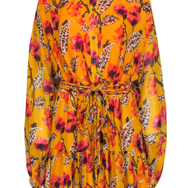 A.L.C. - Marigold Yellow Floral Print Silk Long Sleeve Dress Sz 12