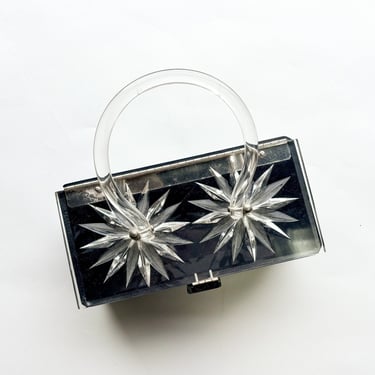 1950s Black & Clear Lucite Starburst Purse | 50s Black Lucite Box Purse | Gilli Originals N.Y. 