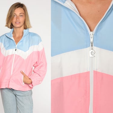 Pierre Cardin Jacket 80s 90s Pastel Color Block Windbreaker Zip Up Retro Pink White Blue Striped Lightweight Shell Hipster Vintage Large L 