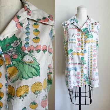 Vintage 1960-70s Fruit Print Blouse / L 