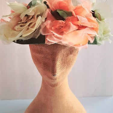 50s Norman Durand Original Pastel Floral Hat Green Straw Summer Spring Garden Party Shabby Chic 